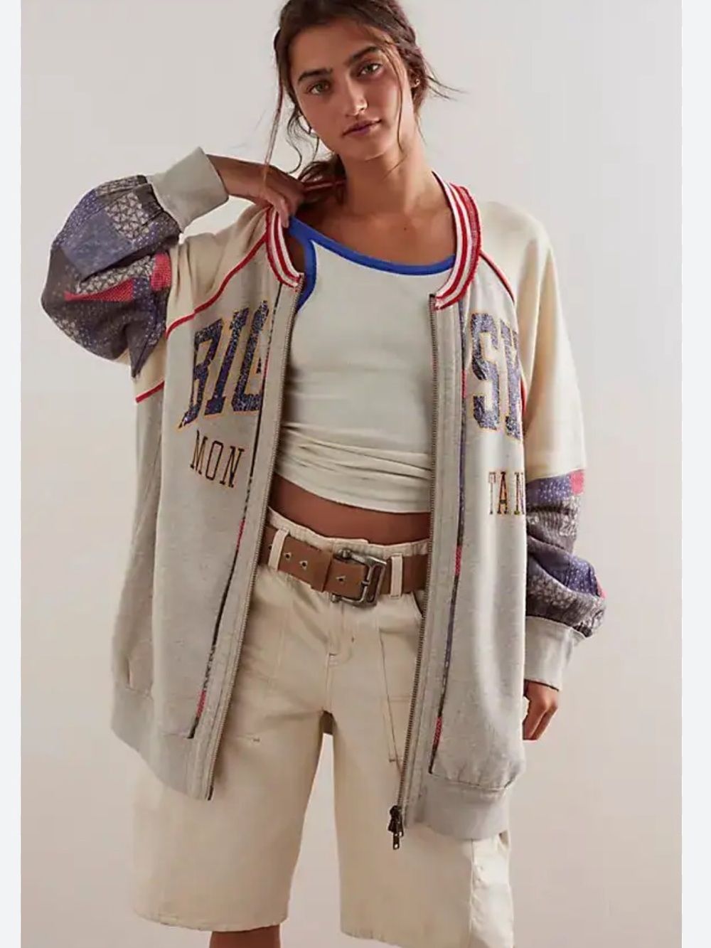 Free People Cream Bomber Jacket with Blue & Purple Sleeve Accents